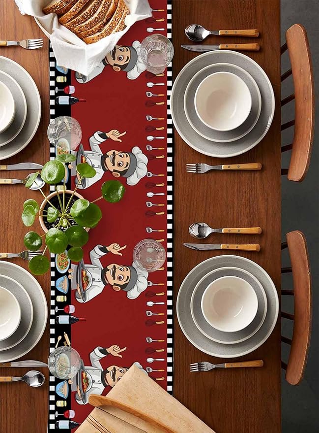 Red Chef Gourmet Cotton Linen Table Runner for Dining Kitchen, Wedding Outdoor Party Tablerunners Decoration, Black White Check Plaid Funny Kitchen Dresser Scarf Coffee Tablecloth Runners 13x72 Inches