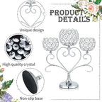 2 Pcs 3-Arm Heart Tea Light Candle Holder - Crystal & Metal Wedding Centerpiece Decor, Sparkling Table Decor for Anniversaries/Romantic Tabletop Home/Dinner Party/Events (2, Silver)