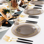 Supernal 180pcs Black Plastic Dinnerware Set Include Gold and Black Plates,Clear Disposable Plates,Gold Plastic Silverware，Clear Cups Suit for Party, Birthday
