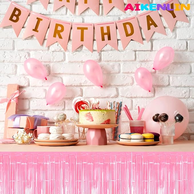 6 Pack 29x108 Inch Metallic Foil Fringe Tinsel Table Skirts Banner for Rectangle Tables Streamer Garland Curtains Backdrop for Birthday, Parade Floats, Valentine's Day Party Decoration(Macaron Pink)