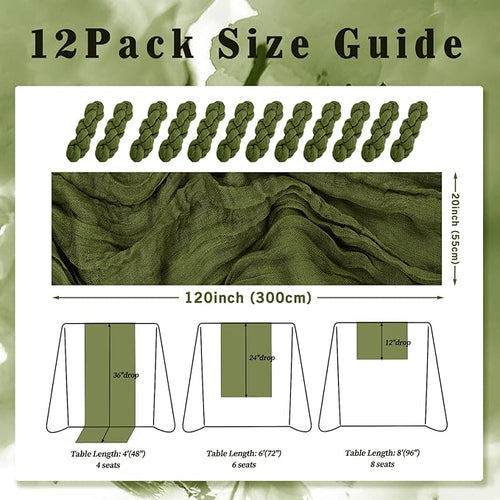 12 Pack Olive Green 10FT Cheesecloth Table Runner Rustic Gauze Cheese Cloth Table Runner for Wedding Bridal Baby Shower Table Decorations Boho Fabric Sheer Birthday Party Decor 20 x 120 Inch Long