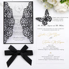 50pcs Black Wedding Invitation Kit Butterfly Laser Cut Invittations Pocket with Blank Inner Sheets and Envelopes for Wedding Anniversary Quinceañera Birthday Party Invites 4.9x7''