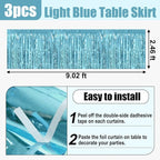 3 Pack 29x108 Inch Light Blue Foil Fringe Table Skirts Metallic Banner for Tinsel Streamer Garland Backdrop for Parade Floats Wedding Thanksgiving Birthday Christmas Halloween Party Decoration