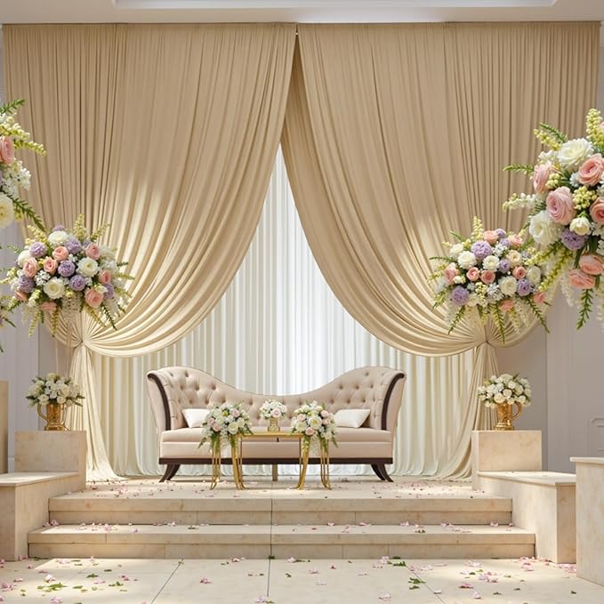 60×12 ft Wrinkle Free Beige Backdrop Curtain for Wedding Parties, 12 Panels 5×12ft Long Silky Polyester Photo Backdrop Drapes for Birthday Baby Shower Photography Stage Evnets Background Cloth