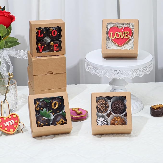 100-Pack 4x4x2 InchesBrown Bakery Boxes - Treat/Cookie/Truffle Boxes for Mini Cakes, Pies & Cinnamon Rolls - Wedding Party Favor Packaging