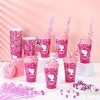 Yungyan 36 Sets Hot Pink Girl Party Favors Goodie Cups with Lids and Straws for Birthday Decorations Reusable 16oz Plastic Candy Cups Plastic Straws for Birthday Party (Pink Princess)