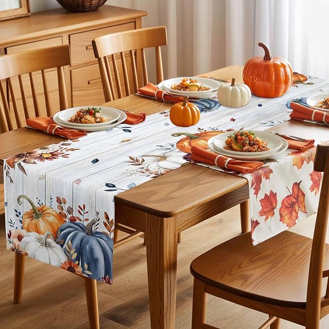 Thanksgiving Fall Cotton Linen Table Runner for Dining Kitchen, Pumpkins Eucalyptus Wedding Outdoor Party Tablerunners Decoration, Farmhouse Wooden Dresser Scarf Coffee Tablecloth Runners 13x72 Inches