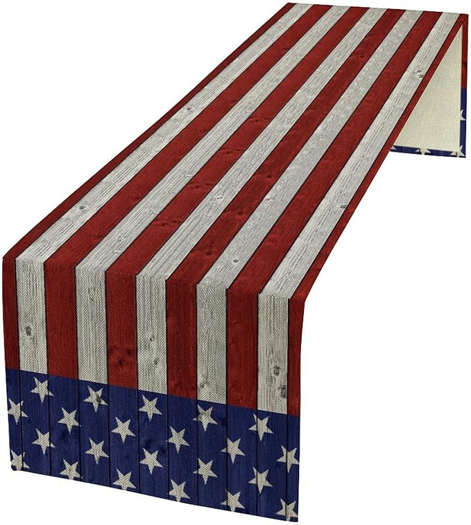 American Flag Table Runner, 4th of July USA Rustic Vintage Wooden Blue Red Stars Stripes Print Table Runner for Farmhouse Kitchen Dining Table Decor, 13x36inch