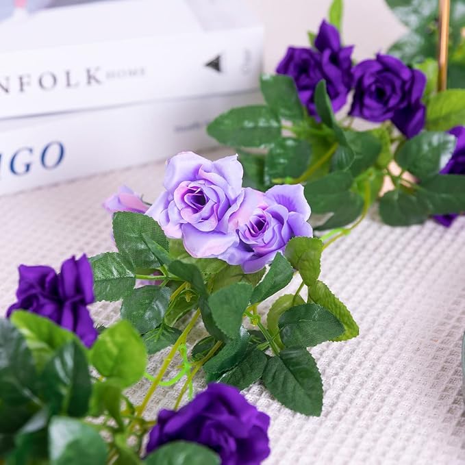 Kisflower 3Pack Artificial Rose Flower Garland, 23.7FT Fake Vines Silk Flowers Hanging Rose Ivy for Wedding Arch Decorations Room Party Home Garden Hotel Office Wall Decor (Purple)