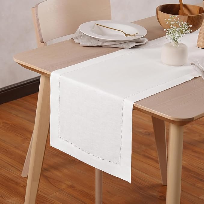 Linen Table Runner 90 inches Long – Hemstitch 100% Pure Linen White Dining Table Runner 14 x 90 Inch for Spring, Summer, Wedding Decorations, Gift – Elara