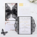 50pcs Black Wedding Invitation Kit Butterfly Laser Cut Invittations Pocket with Blank Inner Sheets and Envelopes for Wedding Anniversary Quinceañera Birthday Party Invites 4.9x7''
