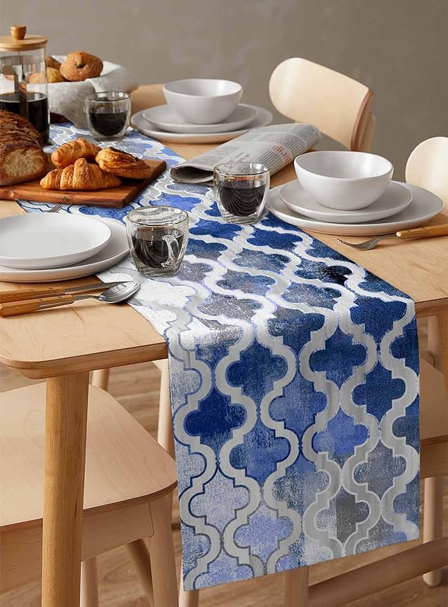 Blue Morocco Plaid Cotton Linen Table Runner for Dining Kitchen, Wedding Outdoor Party Tablerunners Decoration, Distressed Abstract Painted Vintage Dresser Scarf Coffee Tablecloth Runners 13x60 Inches