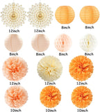 Beige-Orange Peach Fall Party-Decorations Paper-Lanterns- 14pcs Autumn Thanksgiving Harvest Birthday Boho Streamers Fan,Tissue Pom Poms, Baby Bridal Shower Wedding Engagement Decor Lasting Surprise