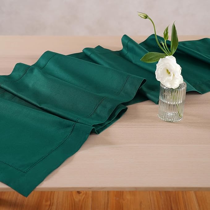 Green Table Runner 90 Inch – Cotton Linen Hemstitch Farmhouse Table Runner 14x90 – Washable Fabric for Dining Table, Spring, Summer, Wedding, Christmas, Everyday Décor – Serena