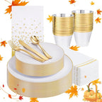 Festiva 176Pcs White and Gold Plastic Plates - White with Gold Rim Fall Dinnerware Set - 25Guest include Plates Cups Cutlery Napkins for Fall Party&Wedding& New Year&Thanksgiving
