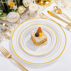 NOCCUR 700PCS Gold Disposable Dinnerware Set for 100 Guests - Plastic Plates for Party - Include 200 Gold Dinner/Dessert Plates, 100 Napkins, 100 Cups, 300 Plastic Silverware - Ideal for Wedding&Party