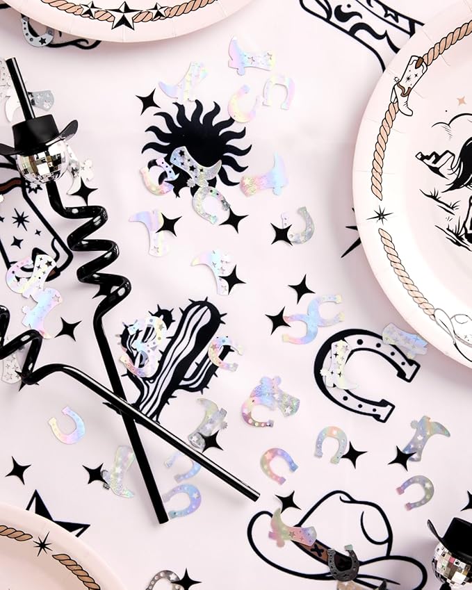 xo, Fetti Black + Iridescent Western Confetti - 200 pc | Rodeo Bachelorette Tablescape, Ranch Birthday Party Decoration, Cowgirl Table Decor, Cowboy Kids Party Supplies