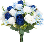 14" Fake Flower Bouquets Artificial Silk Rose Flowers Picks Decorations Faux White Blue Roses Floral Flower for Wedding Bride Spring Summer Table Centerpieces Home Kitchen Decor
