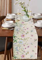 Vintage Wildflowers Cotton Linen Table Runner for Dining Kitchen, Wedding Outdoor Party Tablerunners Decoration, Farm Floral Pink Botanical Plants Dresser Scarf Coffee Tablecloth Runners 13x36 Inches