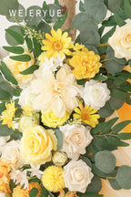 Deluxe Yellow Artificial Wedding Arch Flowers with Drapes Kit-Pack of 5, 2pcs Flower Arrangements 3pcs Hanging Sheer Drapes Yellow Ceremony Arbor Reception Backdrop Rose Floral Decorations.