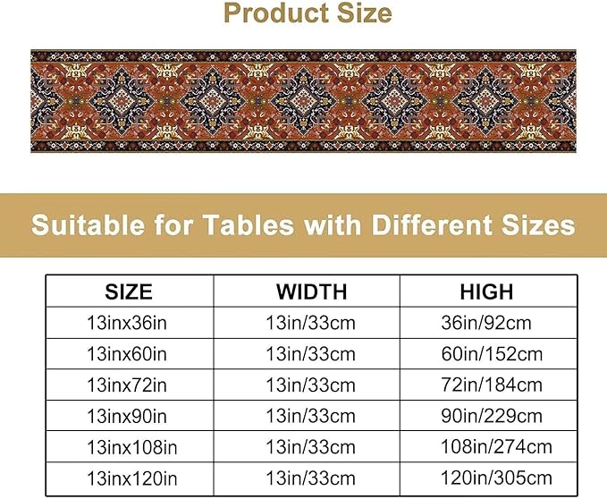 Vintage Boho Orange Table Runner, Country Rustic Farmhouse Magical Abstract Print Pattern for Home Kitchen Table Decor Dining Coffee Room Garden Party Decor 13x90in