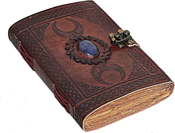 cuero 3 Moon Blue Lapiz Embossed Vintage Leather Journal for Men & Women - 140 Pages, Antique Handmade Deckle Edge Vintage Paper, Leather Journal Writing Notebook Dairy Gift (7 inch by 10 inch, Brown)