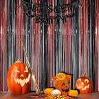 BRAVESHINE Tinsel Photo Backdrop Curtains - 2 Pack 3.2x8.2ft Black Red Foil Fringe Streamer Curtain for Halloweens, Lantern, Pumpkin, Home, Indoor or Outdoor Party Supplies Decorations