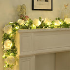 Dolicer 2Pcs 13Ft Artificial Eucalyptus Garlands with Flowers - 8 Roses, Faux Floral Greenery Garlands with 13Ft String Lights Fake Flower Vines for Wedding Table Centerpieces Arch Party Decor (White)