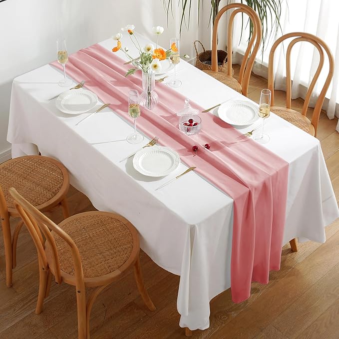 2 Pack 10 Ft Chiffon Table Runner Blush Pink Gauze Long Table Runners 27x120 Inches Sheer Tulle Table Runner for Rustic Wedding Reception Bridal Shower Decorations Birthday Party