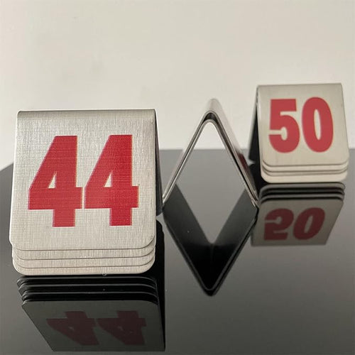 10 Pcs Metal Place Cards Stackable Tent Style Table Numbers，Place Card Holders for Celebration Wedding Party Restaurants Cafes Bars Gatherings meeting Room Board Game Serial (Small 41-50, Red)