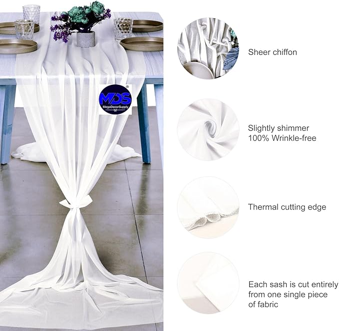 MDS 5 Pack 10ft Chiffon Table Runner 29 x 120 Inches Sheer Wedding Runner Romantic Rustic Table Runner for Wedding Decorations, Birthday Parties, Bridal Shower Party Arch Decor - Ivory