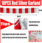10 Pack 10 Feet Foil Fringe Garland Metallic Tinsel Streamers Banner Wall Hanging Backdrop for Parade Floats, Circus Welcome Carnival Birthday Party Decorations(Silver Red)