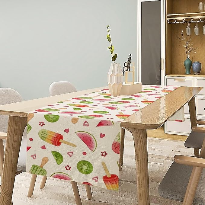 Summer Popsicles Table Runner, Colorful Watercolor Ice Cream Loves Heart Seasonal Dinner Runner for Party Holiday Home Kitchen Dining Table Decor 13"x70"