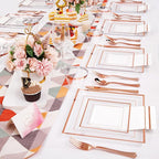 Festiva 350Pcs Rose Gold Plastic Plates - Clear Rose Gold Disposable Dinnerware Sets for 50Guests include 100 Plates 50 Cups 50Plastic Cutlery 50Napkins Perfect for Party&Wedding&Mother's Day