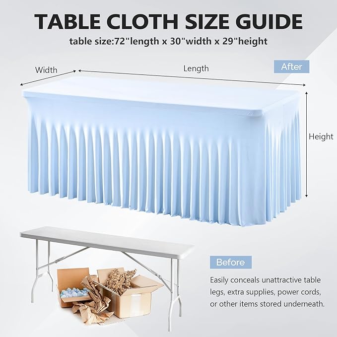 Wish Care 6 Pack Baby Blue Spandex Table Clothes for 6 Foot Rectangle Tables, 6FT Wrinkle Free Fitted Tablecloths Ruffles Design Table Cover for Party, Banquet, Wedding and Events
