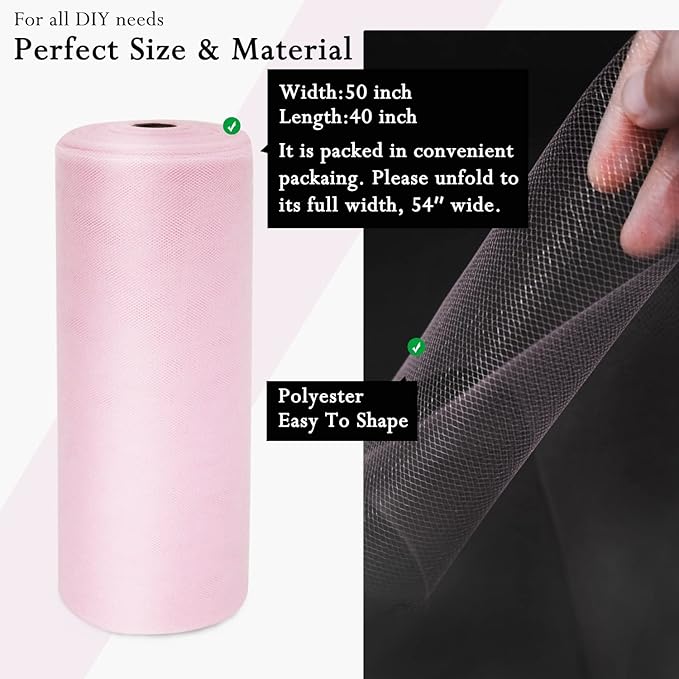 Light Pink Tulle Fabric Rolls 54 Inch by 40 Yards Tulle Bolt Spool for Wedding Decorations DIY Tutu Baby Shower Table Skirt Ceiling Decor Birthday Party Craft Supplies