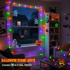 Connectable Orange Purple and Green Halloween Lights Outdoor Indoor - 43FT 100LED Globe String Lights Plug in with Timer, 13 Modes Fairy Light Waterproof for Party Halloween Decorations Bedroom Decor