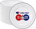 JOLLY CHEF 100 Pieces Silver Plastic Plates, 10 Inch Elegant Disposable White with Silver Rim, Plastic Plates for Dinner, Birthdays and Weddings