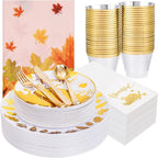 Festiva 176Pcs Thanksgiving Plastic Plates - Heavy Duty Thanksgiving Plates - Thanksgiving Disposable Dinnerware Set include 50 Plates,75 Silverware, 25 Cups, 25 Pumpkins Napkins, 1Tablecloth