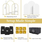 Metal Arch Backdrop Stand and Cover Set – 3 Gold Frames (7.2ft, 6ft x2) with White Wrinkle-Free Spandex Covers, Water Weights, Bags & Case – Wedding, Birthday, Baby Shower, Party Decor