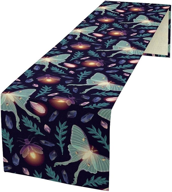 Moth Table Runner, Retro Boho Aesthetic Blue Moth Magic Table Runner for Home Kitchen Dining Party Indoor Outdoor Decoration 13x70 Inch