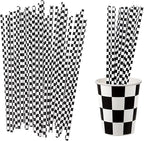 50 Pcs Checkered Flag Paper Straws Racing Car Straws Black and White Checkered Drinking Straws for Racing Birthday Party Decorations, Standard, Black/White