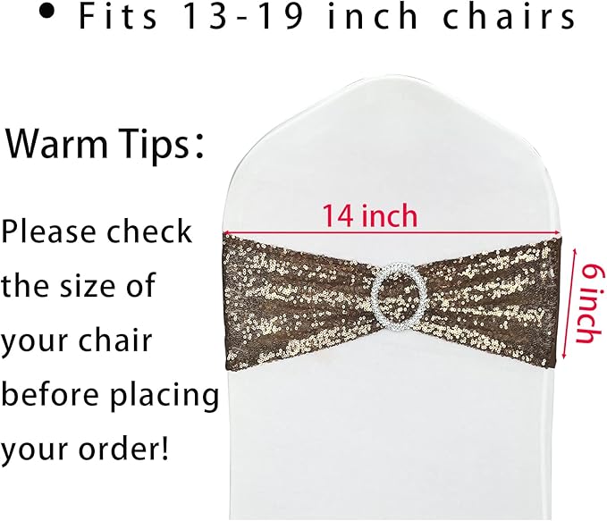 10 Pcs Sequin Chair Sashes Stretch Chair Bands Spandex Polyester Bows for Party Hotel Wedding Banquets Decoration - Coffee