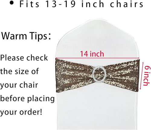 100 Pcs Chair Sashes Sequin Stretch Chair Bands Spandex Polyester Bows for Party Hotel Wedding Banquets Decoration - Coffee