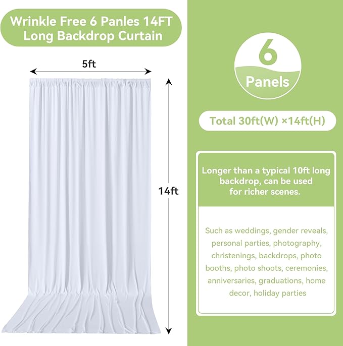 30ftx14FT Wrinkle Free White Backdrop Curtain, 6 Panels 14FT Height White Wedding Backdrop Drapes, Silky Polyester Back Drop Cloth for Birthday Photography Background Party Backdrop Draping