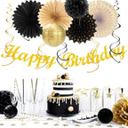 Black Gold Women-Men Birthday Party-decorations - 21pcs Happy Banner,Paper Streamers Lanterns Honeycomb,Tissue Pom Poms Fan,Classroom Birthday Supplies Decor Huglony