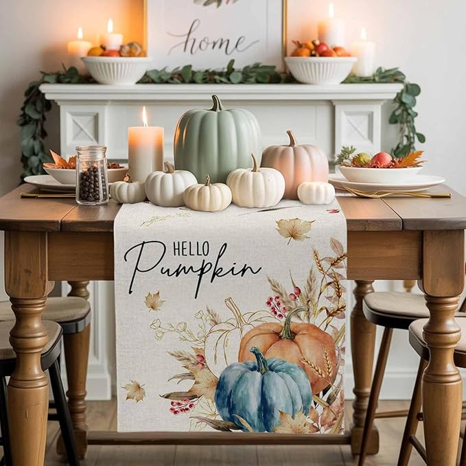Fall Thanksgiving Cotton Linen Table Runner for Dining Kitchen, Orange Pumpkins Outdoor Party Autumn Tablerunners Decoration Rustic Wheat Leaves Dresser Scarf Coffee Tablecloth Runners 13x120 Inches