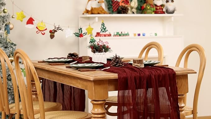 MLMW Christmas Table Runner Cheesecloth Burgundy Boho Cheese Cloth 160 inch Gauze Rustic Sheer Table Runner 13.3ft for Party Wedding Baby Bridal Shower Birthday
