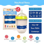 InchBug Orbit Labels - Baby Bottle Name Labels for Daycare, Sippy Cup Bands - Engraved Silicone, Reusable, Dishwasher Safe, White Contrasting Personalization, 4-Pack (Nautical Navy)