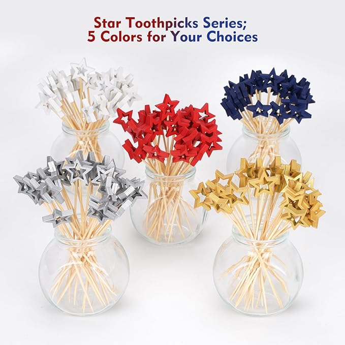 Minisland Mixed Red Blue White Star Cocktail Picks, 5.5 Inch Long Bamboo Fancy Toothpicks for Appetizers, Decorative Independence Day Party Food Drinks Garnish Fruit Skewer Sticks 50 Counts - MSL435